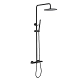 Duschsäule System Set mit 25,4 cm Regenduschkopf und freiliegendem Thermostatventil, höhenverstellbar, 2 funktionale Armaturen in Mattschwarz