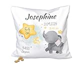 ORWO Kinder-Kirschkernkissen personalisiert mit Namen und Geburtsdaten | 20 x 20 cm | Kinderwärmekissen mit Motiv | weiches Baumwollgewebe | hautfreundlich (Elefant)