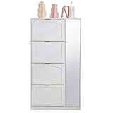 Generisch Moderne Schuhschrank Mit Spiegel, 4 Klappbaren AufbewahrungsfäChern, Verstellbarem Regalbrett Hinter Dem Rechten Spiegel, Ideal FüR Den Flur, Weiß, MaßE: B80/H147/T24 cm