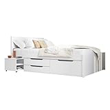 Inter Link -Bett mit Schubladen - Einzelbett 90x200 cm – Kojenbett mit Stauraum – Praktisches Jungendbett – Kiefer massivholz – Weiß lackiert – Inkl Lattenrost – Efetivo 90x200cm