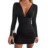 EMOTTOS Sexy Mini Wickelkleid, Sexy Deep V-Neck Ruched Dresses, Weiches langärmeliges Bodycon Bleistiftkleid, Hochelastisches Mini Tube Club Cocktail Party Kleid(Schwarz/Rot, S-L)