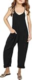 Haloumoning Mädchen Ärmellose Jumpsuits Spaghetti Strap Freizeit Baumwolle Overalls Kinder Sommer Lose Romper Hosen mit Taschen, Schwarz, 9-10 Jahre