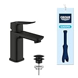 GROHE Dice, Waschtischarmatur, wassersparend (Wasserhahn für das Bad, Badarmatur mit Push-Open Ablauf, 15cm hoch, mit 3in1 Werkzeug, einfache Installation am Waschbecken), mattschwarz, 1018572430