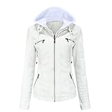 Weiß,5XL,Damen-Kunstlederjacke mit Kapuze, modische, schmal geschnittene Motorradjacke mit abnehmbaren Kapuzen, Oversize-Bikerjacke im Punk-Stil mit Reißverschluss