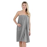 Winthome Saunakilt Damen 100% Baumwolle Weich, Saunatuch Damen mit Knopf, Bademantel Saugstark, 3-Fach Weitenverstellbar, Taschen, Saunahandtuch für Sauna, Dusche, Strand, Schwimmbad (Grau, 80x145cm)