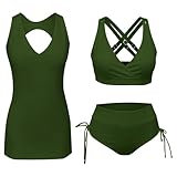 Generisch Tankini Damen Bademode Bauchweg Set Push Up Croptop Tankini Oberteil mit Dreieck Unterhosen Bauch Weg Freizeit Badeanzug 3 Teiliger Tankinis Set Elegant Badeanzüge für Damen