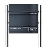 Metzler Standbriefkasten Hermann aus massivem, pulverbeschichtetem Stahl in Anthrazitgrau RAL 7016, mit Lasergravur, Edelstahl-Leisten, mit beidseitigem Zeitungsfach, Größe: 37x37x10,5 cm, Höhe 120 cm