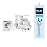 GROHE Dice, Badewannenarmatur, mit Werkzeug (Duscharmatur für die Badewanne, Mischbatterie mit automatischer Umstellung Wanne/Brause, mit integriertem Rücklaufventil), chrom, 1018720000