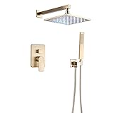 Duschsystem Gebürstetes Gold, LED-Regenduschkopf mit Handbrause, Messing Einhandbrause Wandmontage Duscharmatur-Set, Duscharmatur, 40,6 cm (12 Zoll)