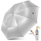 ZOMAKE Sonnenschirm Tragbar UV Schutz,Regenschirm Kompakt Automatik Mit Doppelter Abdeckung,Taschenschirm Sturmfest Mit Holzgriff für Herren Damen(Silber Schwarz-Doppelt)