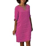 Leinenkleid Damen V-Ausschnitt 3/4 Ärmel Sommerkleid A-Linie Leinenkleider Baumwolle Leinen Knielang Sommer Kleid Blusenkleid Freizeitkleid Strandkleider,Lila,M