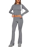 ABINGOO Damen Baumwoll Lounge Set Oberteil Und Schlaghose Set Geschnittene Yoga Trainingsanzug Zweiteiliger Outfit Schmal Loungewear Set(Dunkelgrau,S)