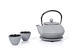Echtwerk Teeservice aus Gusseisen, Teekanne 0,8 L mit abnehmbarem Sieb, Teebereiter mit Untersetzer, Teekannen-Set im Vintage-Design für Zubereitung von losem Tee, Grau