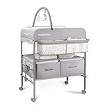 Maydolly Tragbarer Wickeltisch für Babys, Multifunktionaler Faltbarer Wickeltisch, Höhenverstellbar mit Rädern und 2 Aufbewahrungskörben, Wasserdichtes Sitzkissen zum Wickeln, Grau