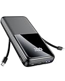 Power Bank 26800mAh, Tragbares Ladegerät mit 3 Anschlüssen & 2 integrierten Kabeln, USB C Schnellladung Powerbank Externer Akku Kompatibel mit iPhone 17 16 15 14 13 Android, Schwarz