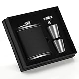 Kasanni Flachmann Edelstahl 8oz/230 Ml Tragbar Mini Flachmann, Mit Zwei Kleinen WeingläSern Und Trichter, Schwarzes Leder Flachmann Klein Stilvoll Zum Wandern Flachmann