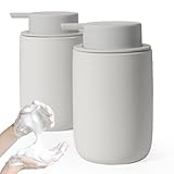 Autumnlife Seifenspender Set Schaum, 2 Stück Schaumseifenspender Matt Grau Seifenspender mit Großer Pumpe und Etikett, Keramik Dish Soap Dispenser Geeignet für Küche Bad Arbeitsplatte | 350ml