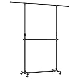 SONGMICS Kleiderständer mit 2 Kleiderstangen, ausziehbare Garderobenstange, mit Rollen, Garderobenständer, höhenverstellbar zwischen 113 und 180 cm, untere Stange verstellbar, schwarz LLR401B01