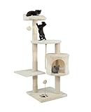 lionto Kratzbaum für Katzen mit 2 Plüschbällen & Spielseil, Höhe 112 cm, Katzenbaum mit Sisalseil & Plüsch, gemütliche Liegefläche & Höhle, inkl. Wandhalterung, für kleine & große Katzen, beige/weiß