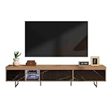 TV-Schrank 190cm, TV Lowboard mit LED-Licht für Fernseher Bis Zu 70 Zoll, Fernsehtisch-3 Marmormuster Türen und 1 Regal aus Glas, Moderne Fernsehschrank Wohnzimmer Holzfarbe, 190 x 38 x 43cm