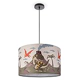 Paco Home Pendelleuchte Kinderzimmer Deckenlampe Stoff Lampenschirm Dschungel Tiere E27 1,5m Textilkabel Dinosaurier Zoo, Farbe:Design 3 (Ø45,5 cm), Leuchtenart/Farbe:Pendelleuchte - Schwarz