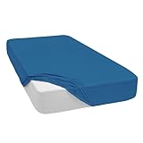 Mixibaby Spannbettlaken Jersey Spannbetttuch 100% Baumwolle Bettlaken Spannbettuch Laken 28 Farben, Größe:120 x 200 cm, Farbe:Blau