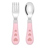 Vicloon Baby Gabel und Löffel Set, Edelstahl Besteck Set mit Cartoon Gestalten, Selbsternährende Lernutensilien, Babybesteck für Baby, Kleinkind, Kinder - Rosa Liebe