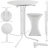 tectake® Gastro Stehtisch klappbar, Bistrotisch mit Husse, Tisch Ø80cm, Stehtisch mit MDF-Tischplatte, Gartentisch klappbar, Klapptisch, rund, Stahlgestell, stabil und robust - weiß