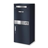 Metzler Briefkasten und Paketbox rostfrei und massiv, paketbox draussen groß XXL, Standbriefkasten modern, Paketkasten, Postbox in RAL7016 Anthrazitgrau mit Namensgravur, Modell Bispo 2