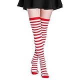 Alaoo Ringelstrümpfe, 1 Paar Kniestrümpfe, Klassische Ringelsocken für Erwachsene & Kinder, Overknee Strümpfe für Party Stützen Kostüm Halloween (Rot+weiß)