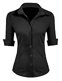 Zeagoo Damen Bluse Elegant Kurzarm Hemdbluse mit Knopfleiste Kent-Kragen Hemdbluse Basic Shirt Oberteile Schwarz M