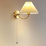 LOGT Messing Wandlampe mit Schalter Stoffschirm Wandleuchte Innen Vintage Industriell Leseleuchte Gold Modern Wandleuchtung mit Zugschalter Stoff Lampenschirm Nchttischlampe E27 Fassung für Wohnzimmer