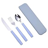 Camping Besteck, 3 Stück Edelstahl Reisebesteck mit Etui, Besteckset to Go, Wiederverwendbare, Campingbesteck für Outdoor, Reise, Arbeit, Schule, Spülmaschinenfest, Blau