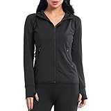 AMZSPORT Kapuzen-Sweatshirt, langärmlig, für Damen, Laufjacke, Sport, mit Daumenlöchern, 8003-Schwarz, 42