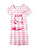 Arshiner Nachthemd Mädchen Kurzarm Schlafanzug Rosa Streifen Schlafkleid Katze Kleid Niedlich Nachtkleid Sommer Schlafkleidung 130/7-8 Jahre