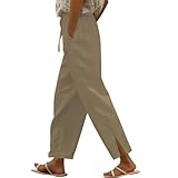 Leinenhose Damen Casual Sommer Hose Locker Bequemer Freizeithose Leinen Leicht Hosen Weites Bein Sommerhose Baumwolle Stoffhose mit Taschen Mode Seitenschlitz Strandhose Streetwear Langer Hose