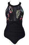 VILOREE Damen Schlankheits Badeanzug Raffung Einteiler High Neck Bademode Strandmode Blumen #2 M