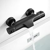 ROWINNAO Wasserfall Badewannenarmatur mit Thermostat Schwarz, Thermostat Duscharmatur 2 Auslässen für Badewanne, Mischbatterie Dusche Badewanne mit 38 °C Sicherheitstaste, 150mm