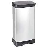 Curver Deco Bin 50L Küchen-Mülleimer mit Fußpedal, Soft-Close-System, geruchsdicht, Anti-Fingerabdruck, Metalloptik, Silber-Schwarz