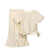 Einfarbige Hose mit Kordelzug, kurze Ärmel, ausgestellte Hose, 2er-Set, Cord-Pullover-Set (Beige, 7–8 Jahre)