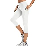 adorence Leggings Damen 3/4, Capri Leggings Damen mit Tasche, Sporthose Damen 3/4 (Yogahose, High Waist, Blickdichte)-Weiß,L