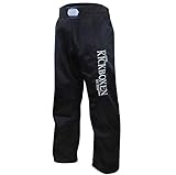BAY® 'EDEL STICK Kickboxhose, Größe 140, komplett schwarz, gestickte Schrift Kickboxen, Thaiboxhose lang, Hose Kick-Boxen Thaiboxen Muay Thai, Satinhose, black