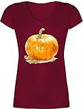 T-Shirt Damen V Ausschnitt - Halloween - Herbst Kürbis | Erntedank | Herbstliches Kürbismotiv | Herbstsaison | Herbstliebe - S - Bordeauxrot - hallowenn Tshirt hallowwee heloween Halloween.