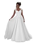 Beyonddress Damen Abendkleider Lang Hochzeit Spitze Prinzessin Ärmellos Brautkleid Ballkleider(Weiß,42)
