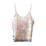 Generisch Damen Pailletten Top Fischschuppen Design V-Ausschnitt Glitzer Camisole Sexy Ärmellos Spaghettiträger Oberteil Meerjungfrau Bluse für Karneval Fasching Party Club Festival