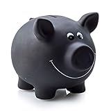 1x Sparschwein aus Keramik, Schwarz | Tafellack zum Beschriften inkl. Schloss & Schlüssel | Maße: ca. 17,5 x 13,5 x 14,4 cm | Geschenkidee für Sparfüchse jedes Alters