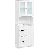 Yaheetech Badezimmerschrank Hochschrank Badschrank Küchenschrank mit Glastüren & Ablagefach Aufbewahrungsschrank Badkommode mit 4 Schubladen und verstellbarem Einlegeboden, 63x30x165,5 cm