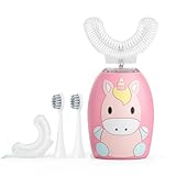 Elektrische Kinderzahnbürste mit U-förmigem Bürstenkopf, 360 Grad automatische Zahnreinigung mit 4 weichen Köpfen, Timer, 2 Modi, IPX7 wasserdicht, Rosa