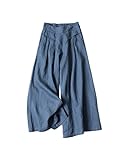 Bianstore Damen Culottes Leinen Cropped Weite Bein Hose Elastische Taille Casual Palazzo Hose mit Taschen, Blau, X-Groß