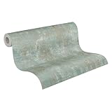 Livingwalls Tapete 396704 Industrial - hochwertige Tapete Beton in Grün mit Metalliceffekt in Kupfer - Wandtapete Putzoptik auf 10,05m x 0,53m - Made in Germany